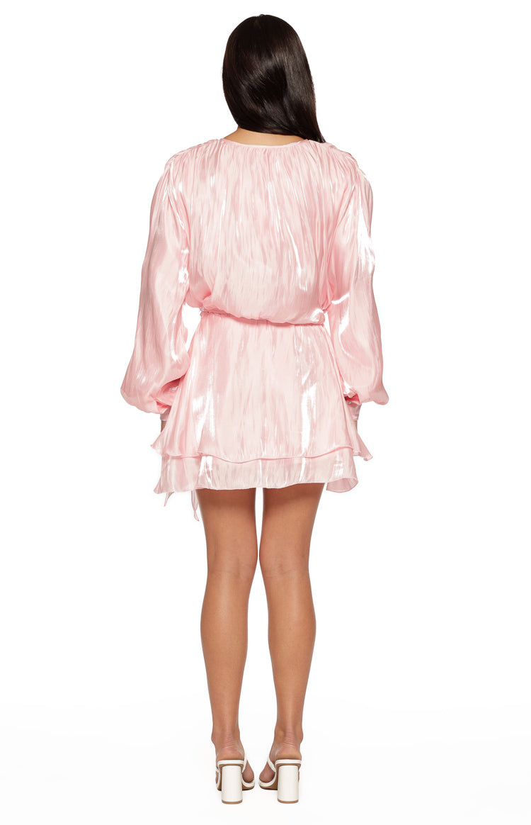 Quinton Pink Satin Long Sleeve Tie Mini Dress — 8
