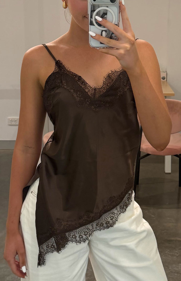 Ziva Brown Satin Lace Asymmetrical Top — 4