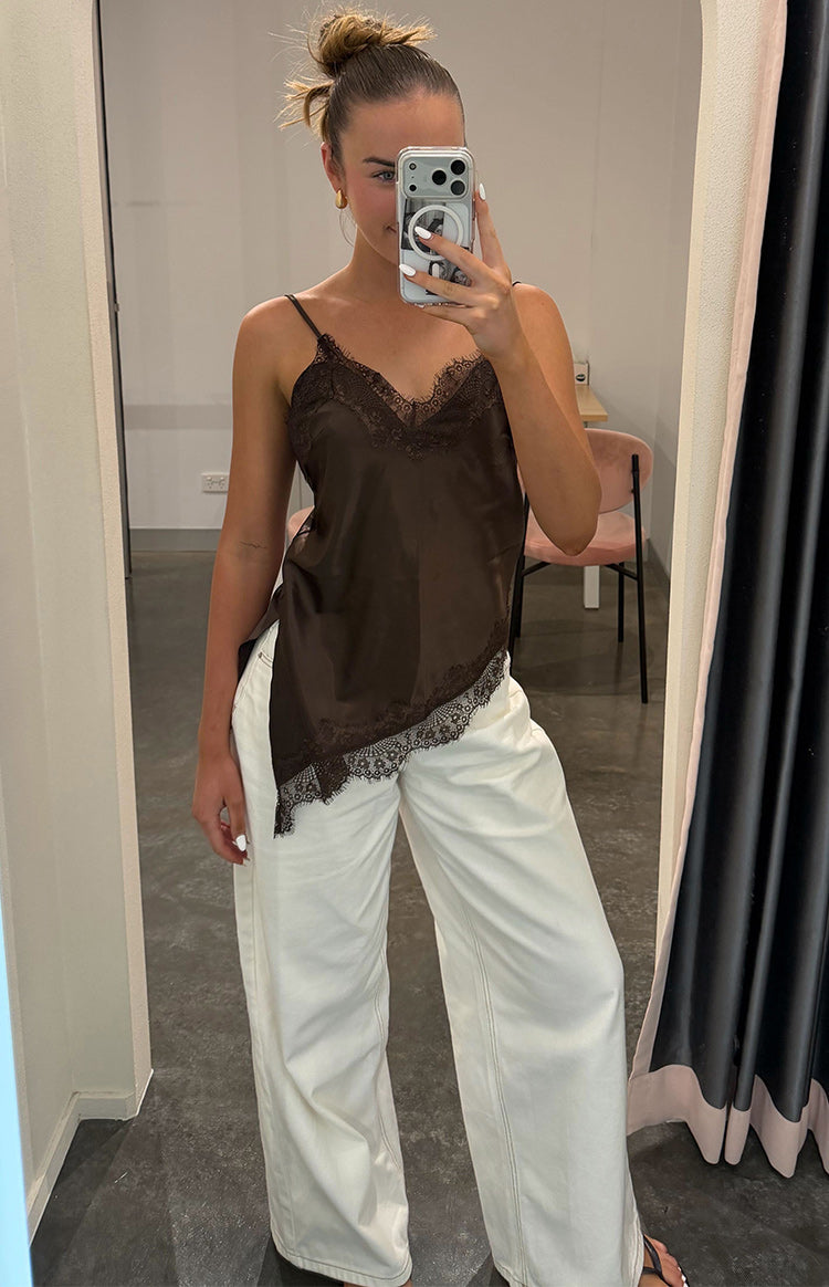 Ziva Brown Satin Lace Asymmetrical Top — 5