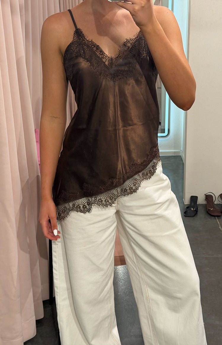 Ziva Brown Satin Lace Asymmetrical Top — 6