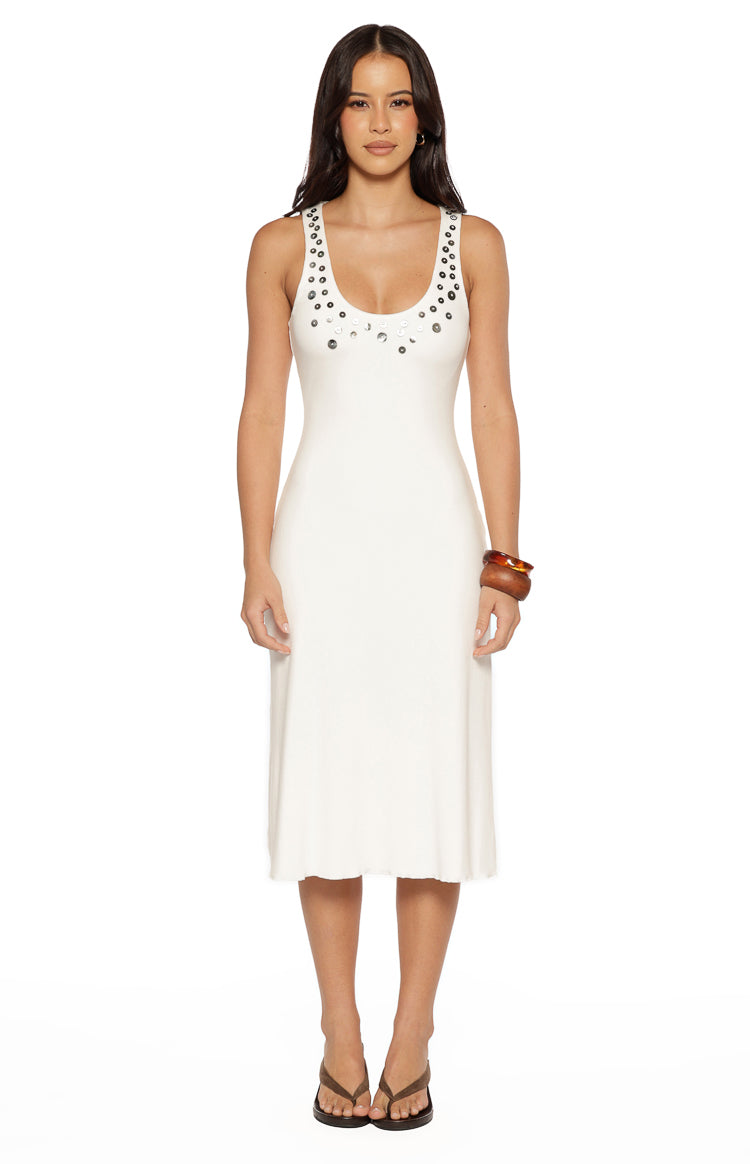 Amba White Button Detail Midi Dress — 6