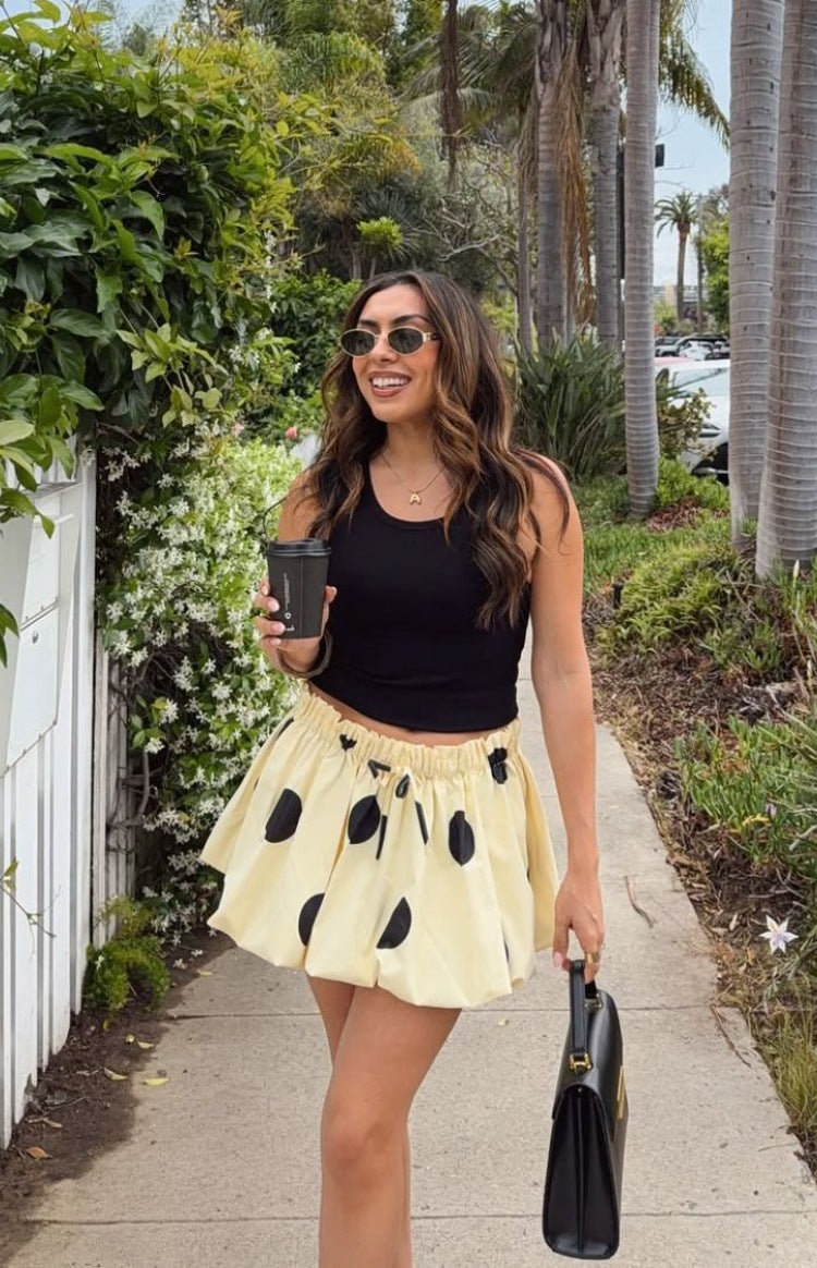 Henrietta Yellow Polka Dot Bubble Hem Mini Skirt — 2