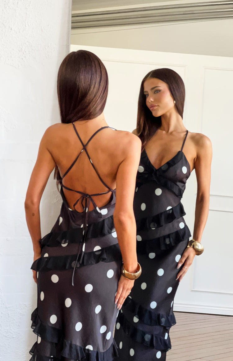 Inara Black Polka Dot Ruffle Maxi Dress — 1