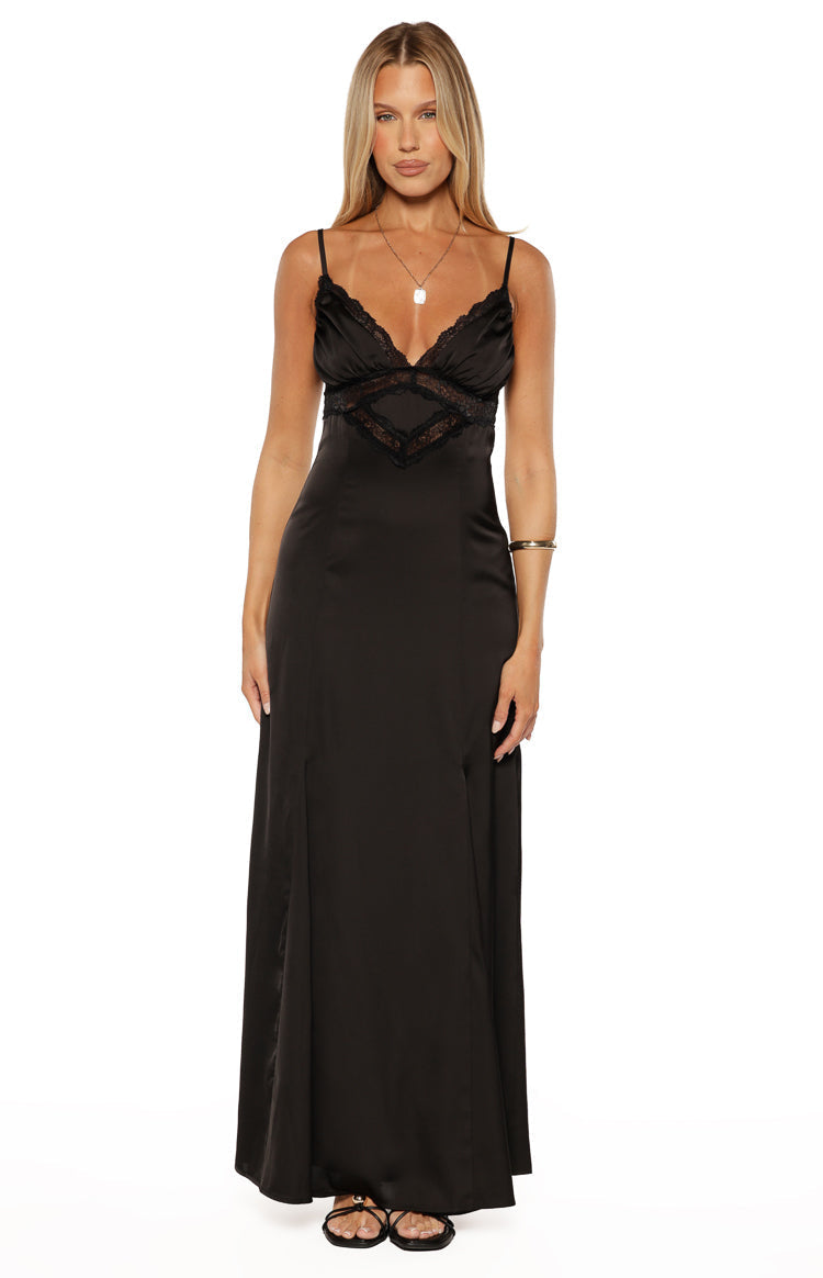 Gabby Black Satin Lace Maxi Dress — 5