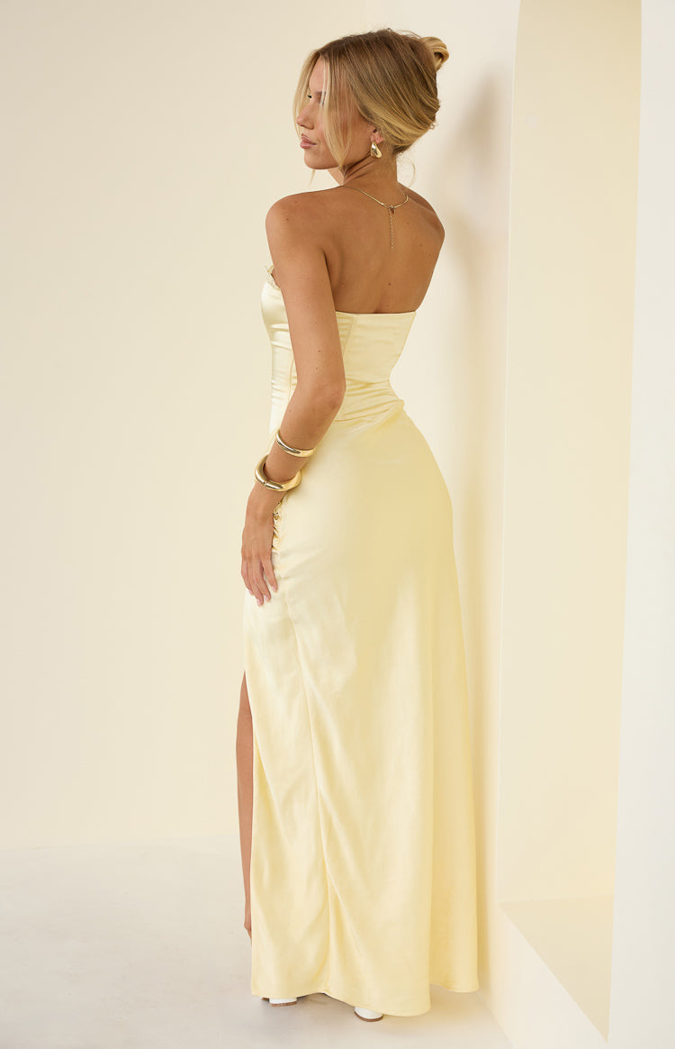 Sasha Yellow Ruched Twist Satin Maxi Dress — 12
