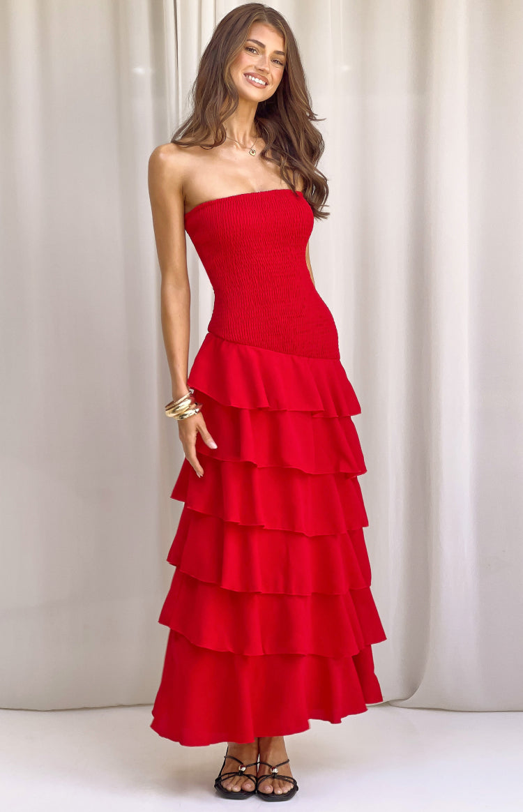 Riles Red Strapless Ruffle Maxi Dress — 2