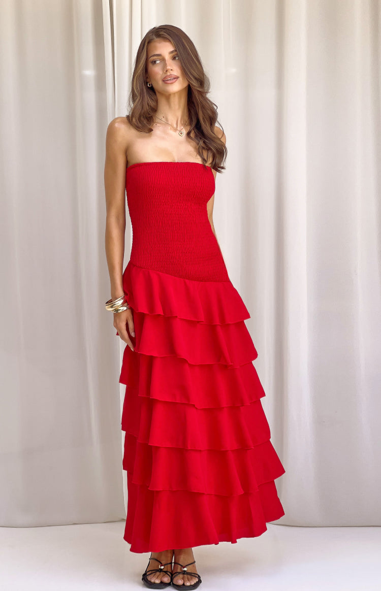 Riles Red Strapless Ruffle Maxi Dress — 4