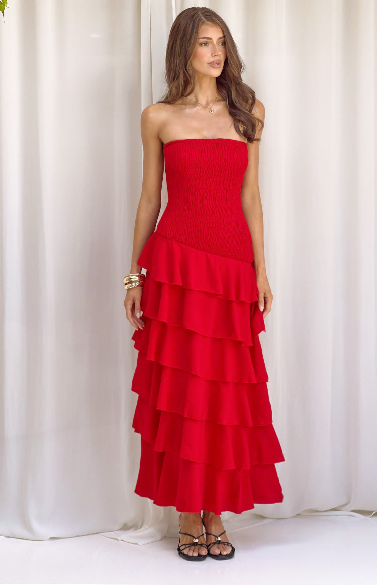 Riles Red Strapless Ruffle Maxi Dress — 5