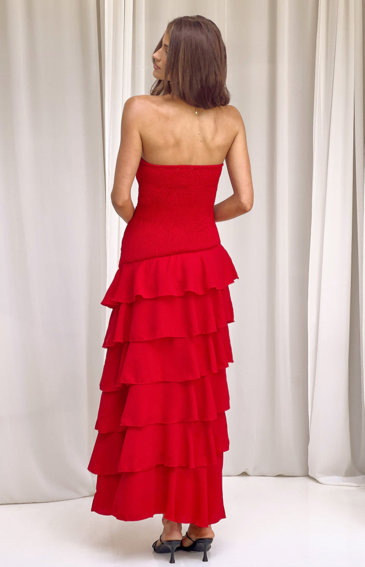 Riles Red Strapless Ruffle Maxi Dress — 6
