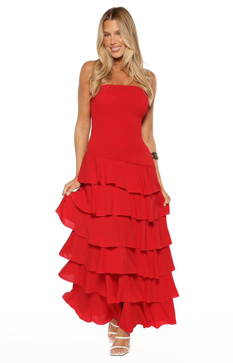 Riles Red Strapless Ruffle Maxi Dress — 7