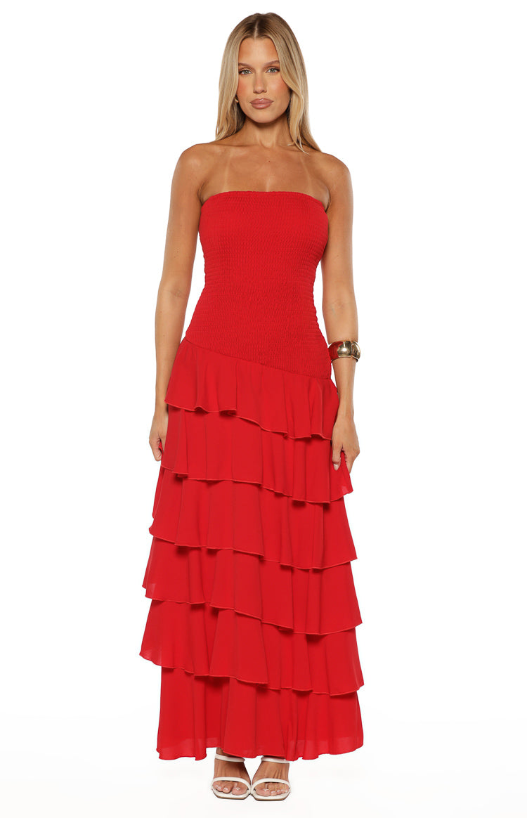 Riles Red Strapless Ruffle Maxi Dress — 8