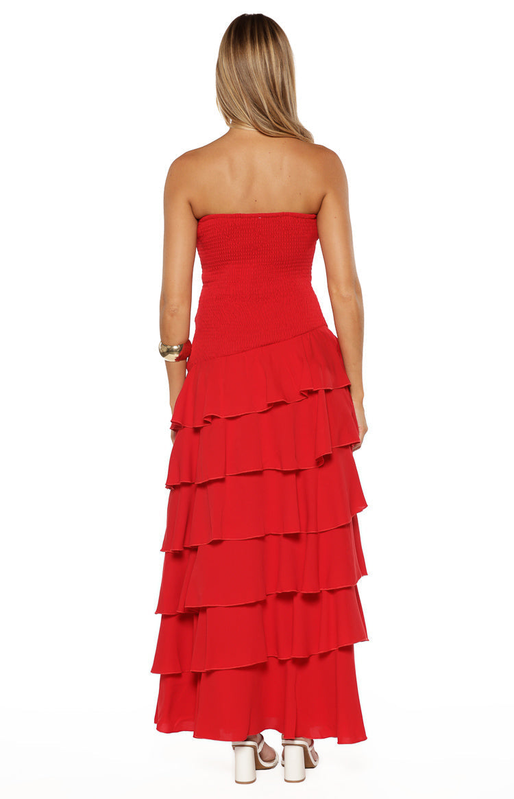 Riles Red Strapless Ruffle Maxi Dress — 10