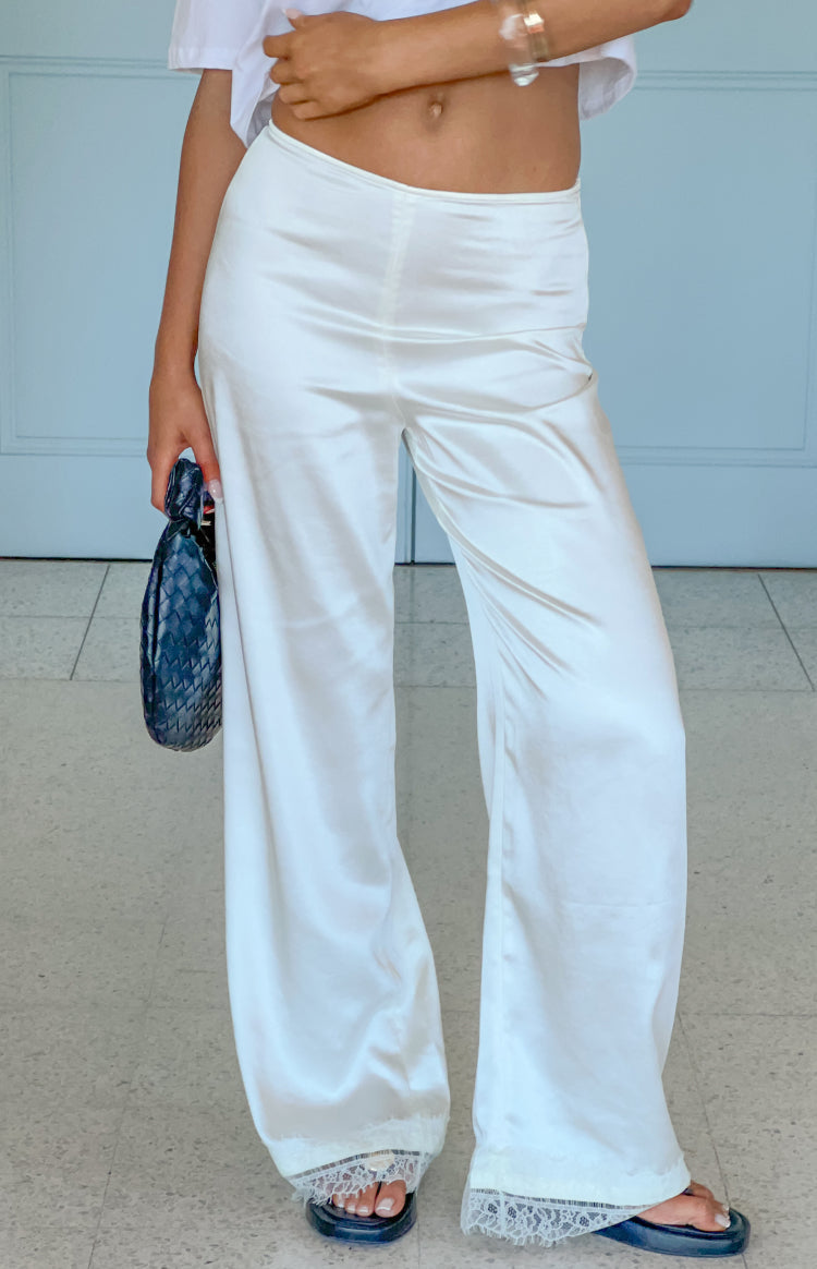 Orla Ivory Satin Straight Leg Lace Trim Pants — 3