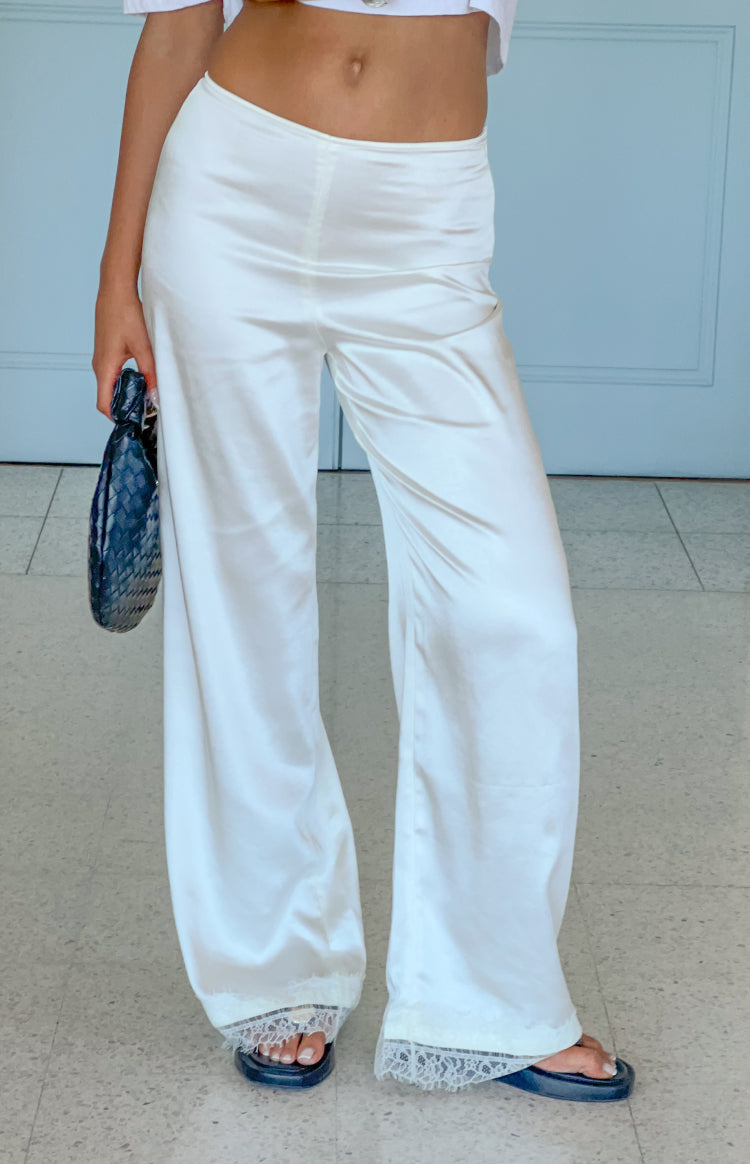 Orla Ivory Satin Straight Leg Lace Trim Pants — 5