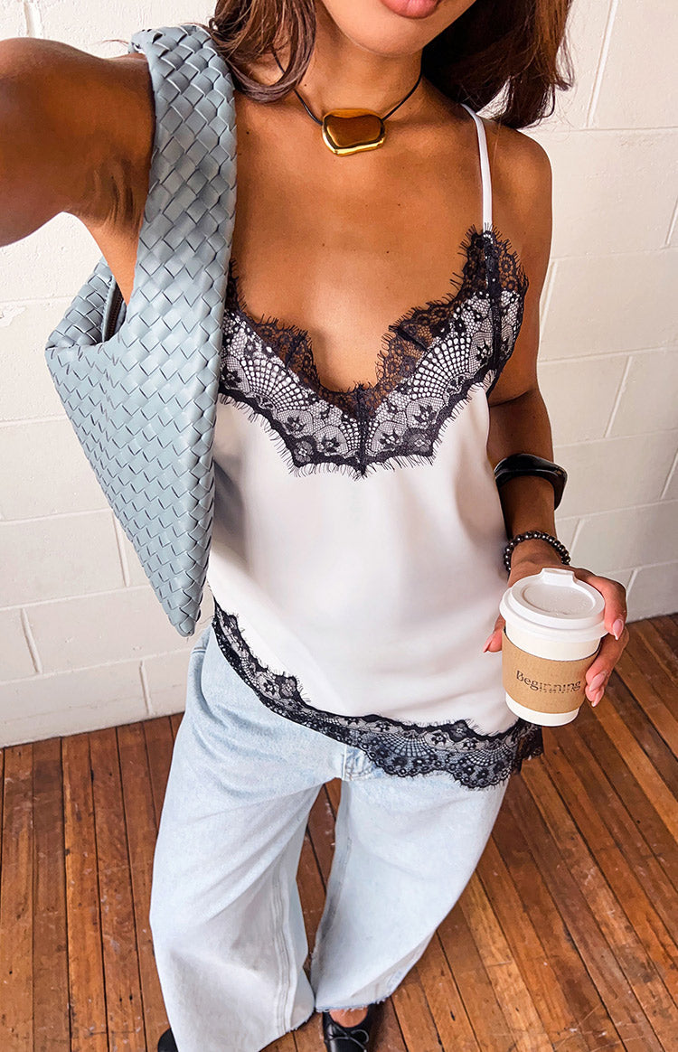 Ziva White Satin Lace Trim Asymmetrical Top — 5