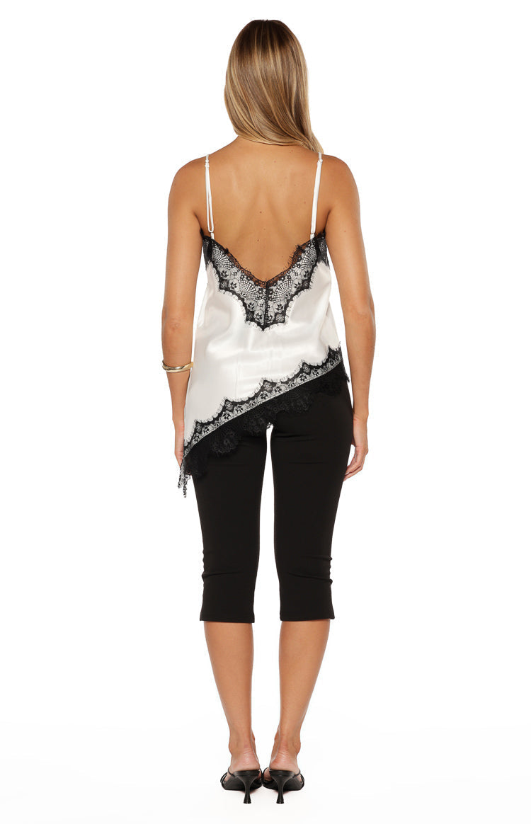 Ziva White Satin Lace Trim Asymmetrical Top — 8