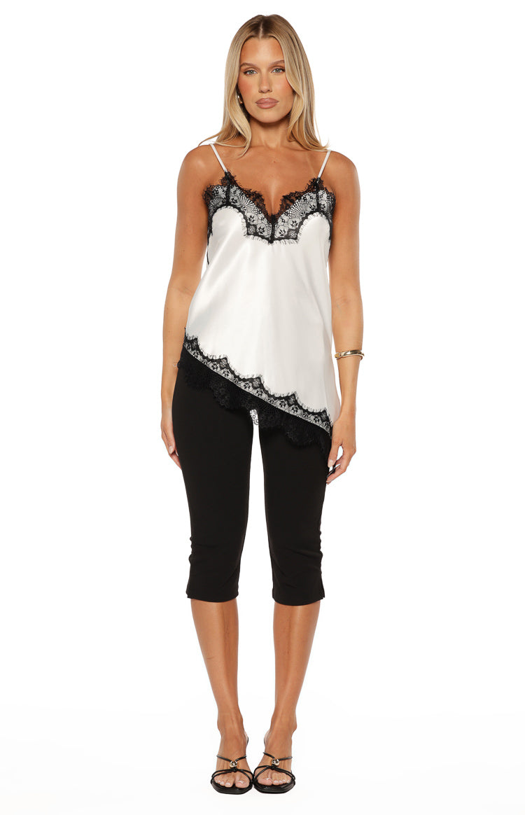 Ziva White Satin Lace Trim Asymmetrical Top — 9