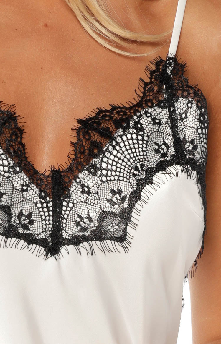 Ziva White Satin Lace Trim Asymmetrical Top — 10