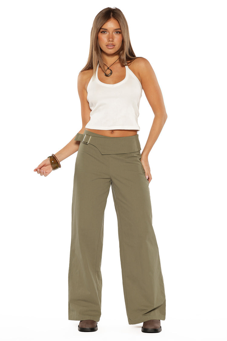 Rewind Green Buckle Detail Straight Leg Pants — 2