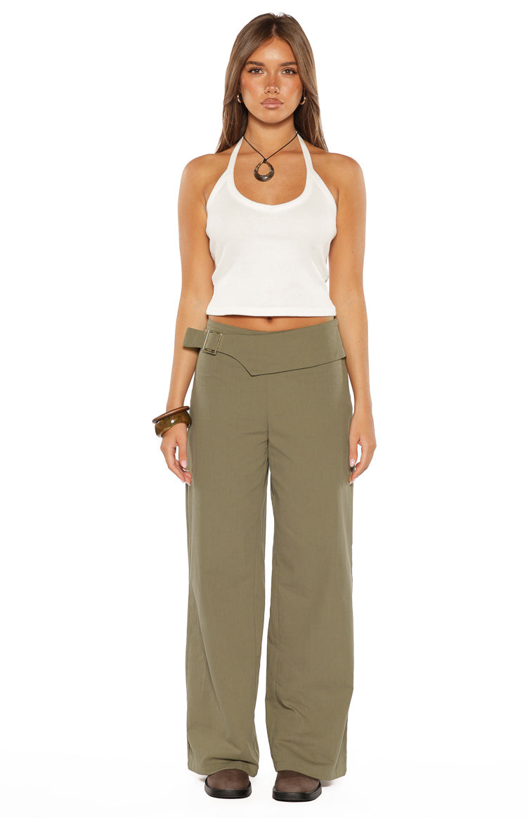 Rewind Green Buckle Detail Straight Leg Pants — 8