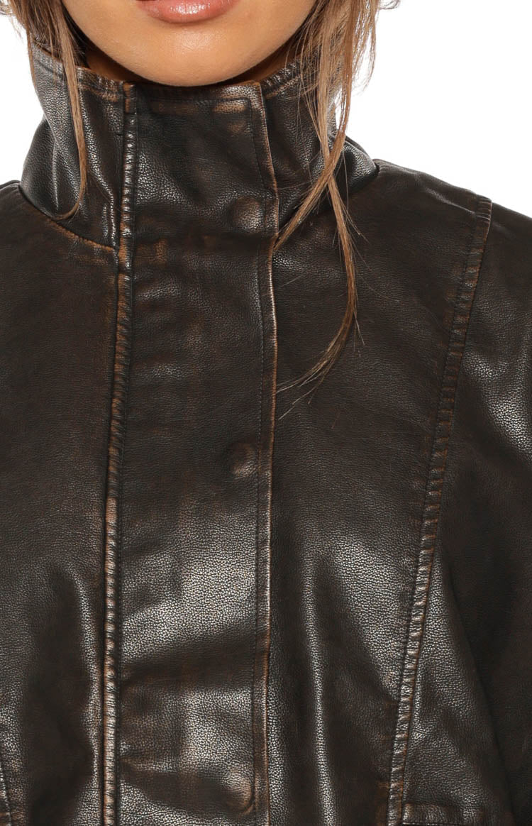 Blakely Brown Funnel Neck PU Jacket — 11