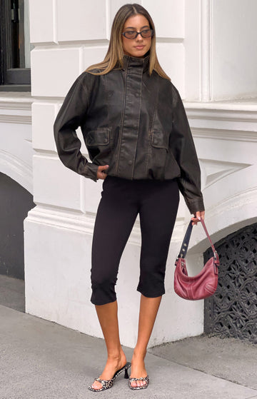 Blakely Brown Funnel Neck PU Jacket — 1