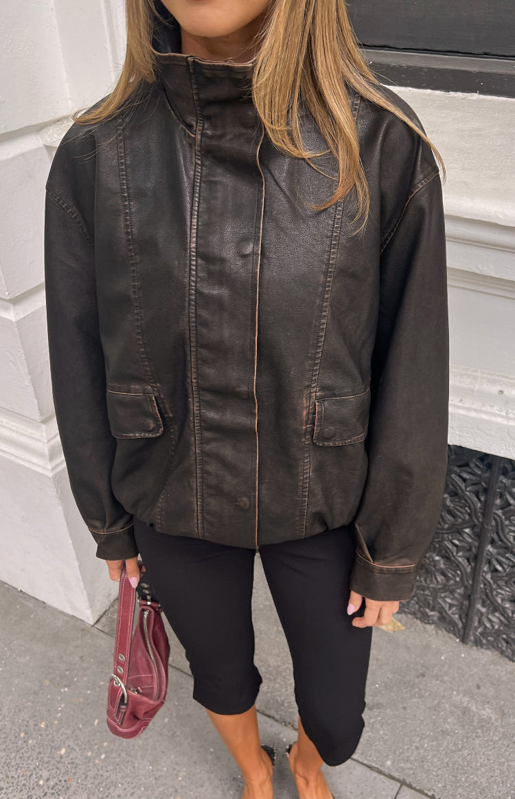Blakely Brown Funnel Neck PU Jacket — 3