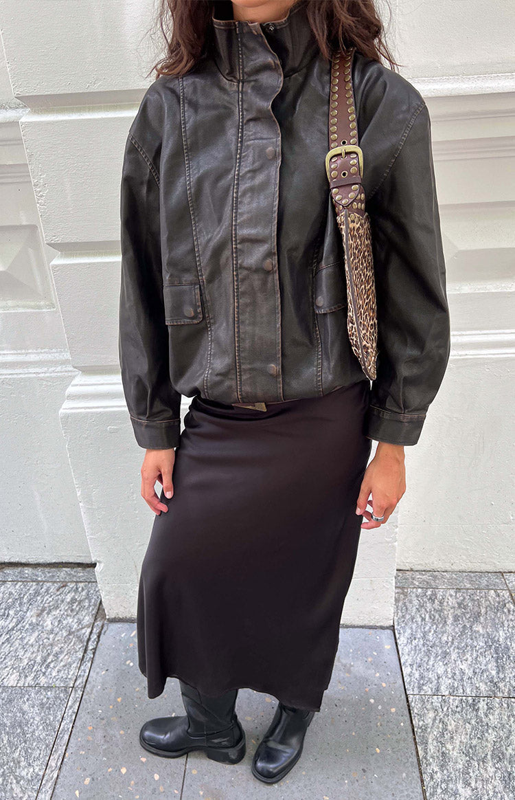 Blakely Brown Funnel Neck PU Jacket — 13