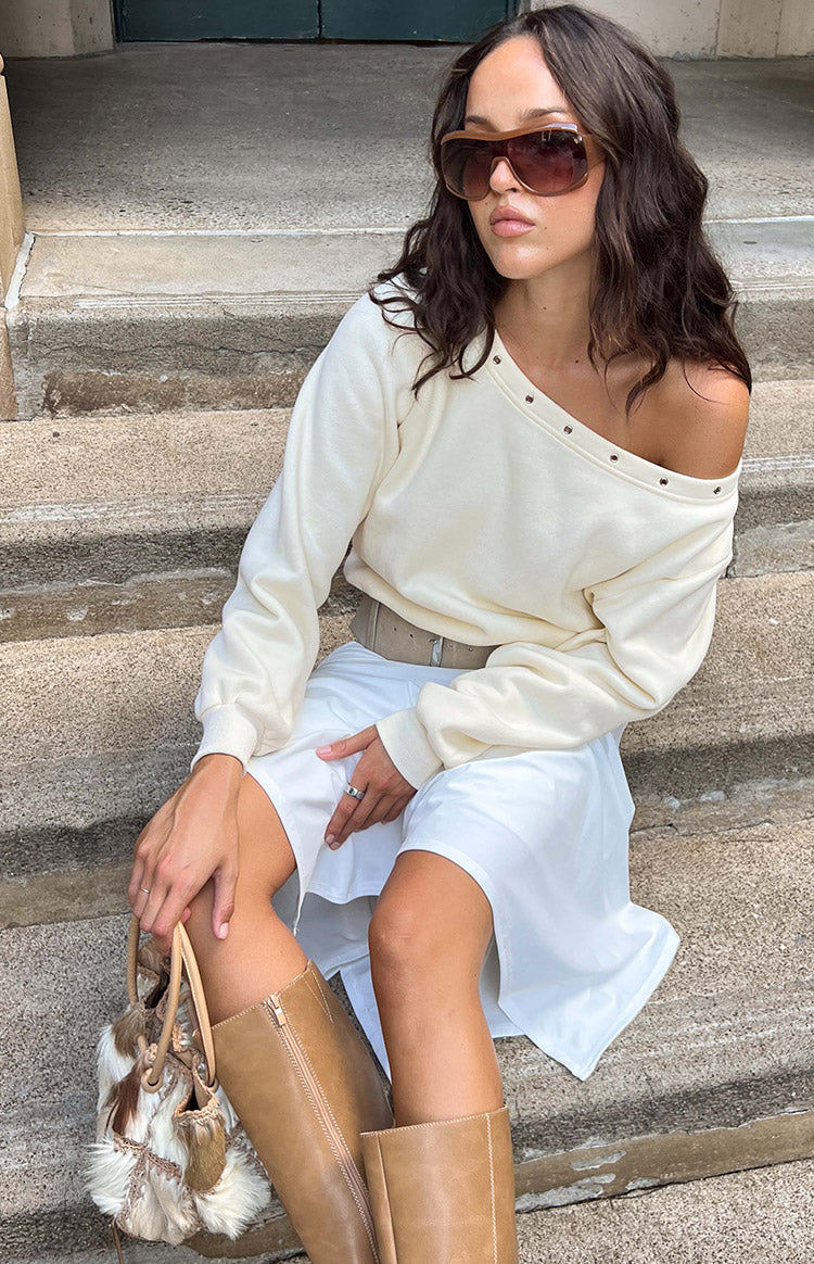 Bambi Cream Asymmetric Neckline Eyelet Sweater — 1
