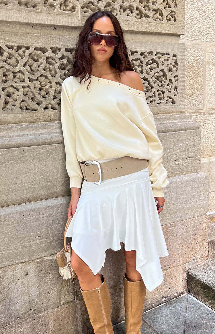 Bambi Cream Asymmetric Neckline Eyelet Sweater — 3