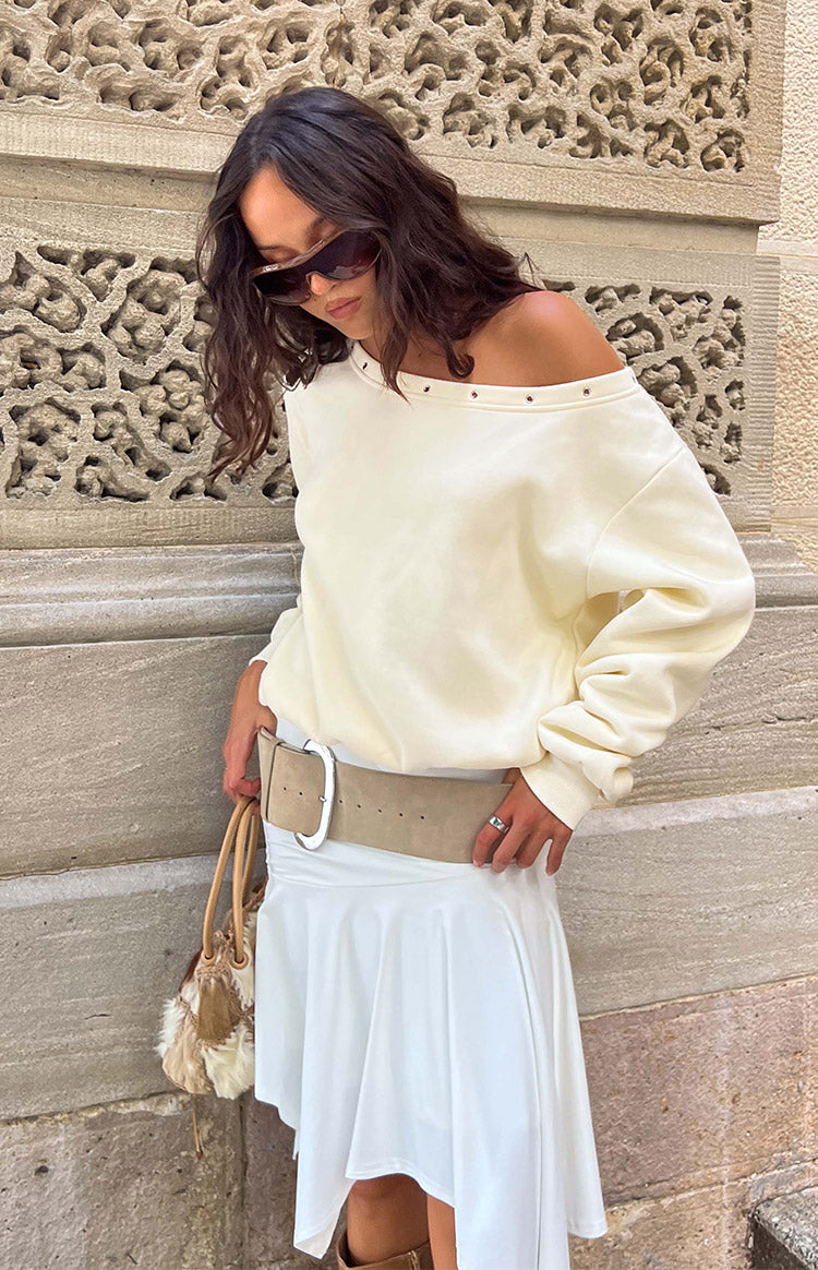 Bambi Cream Asymmetric Neckline Eyelet Sweater — 4