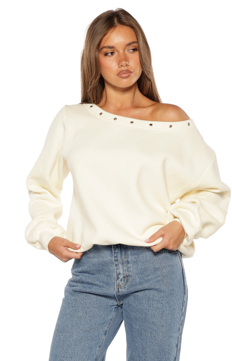 Bambi Cream Asymmetric Neckline Eyelet Sweater — 5