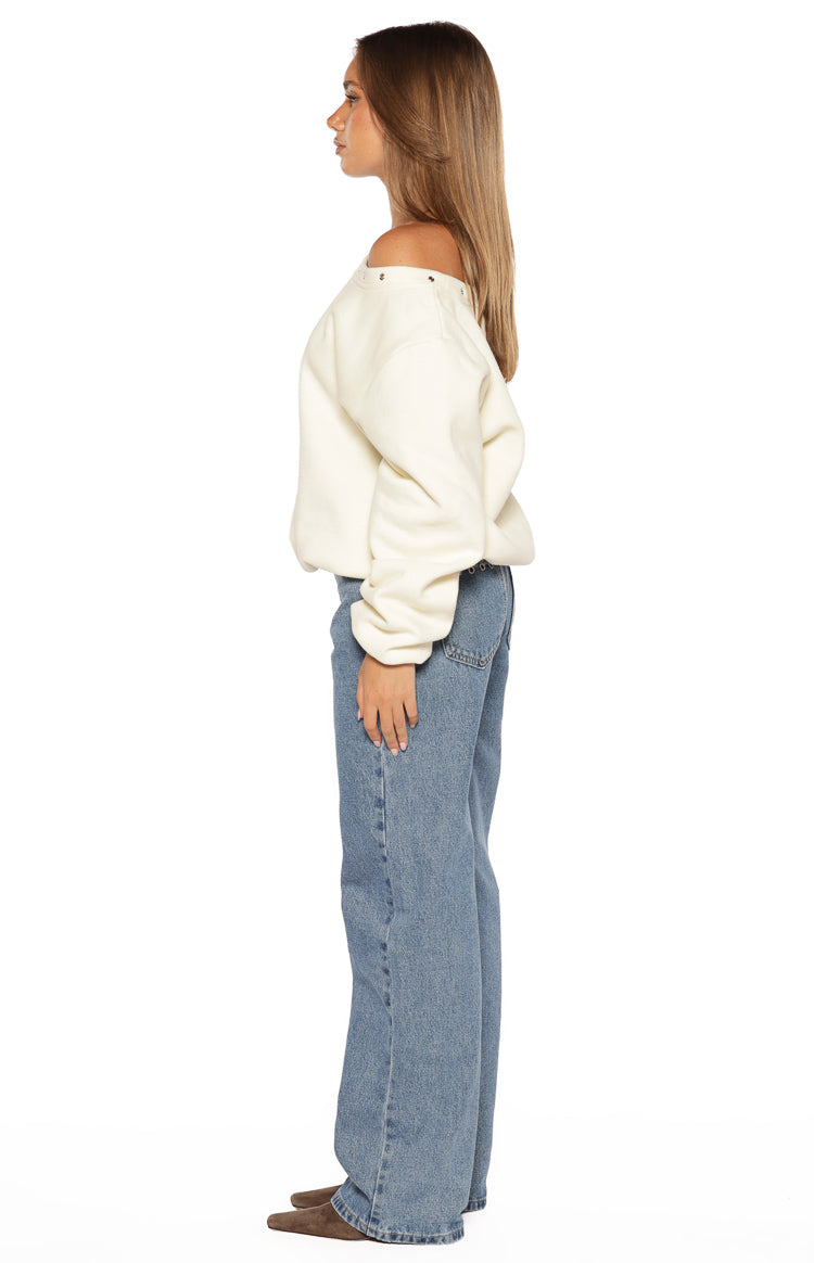 Bambi Cream Asymmetric Neckline Eyelet Sweater — 7