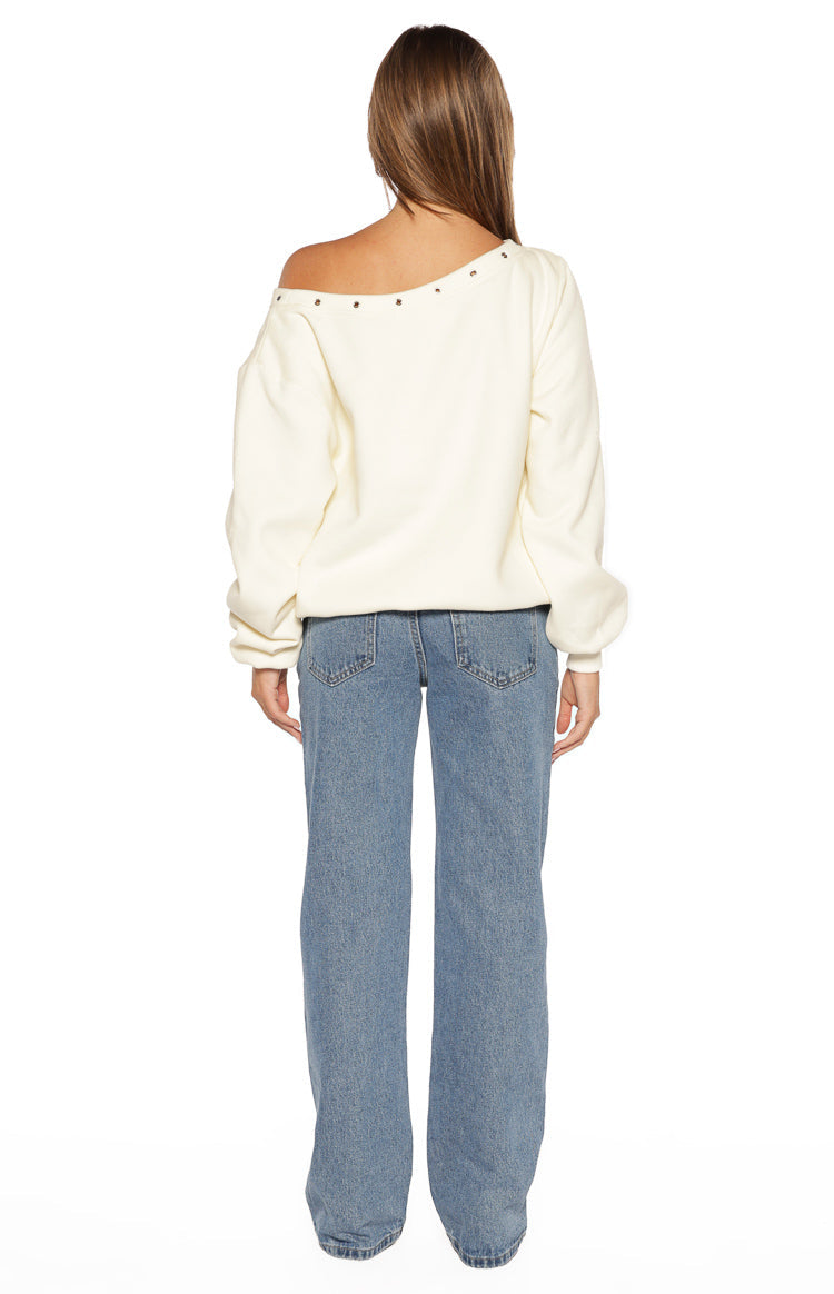 Bambi Cream Asymmetric Neckline Eyelet Sweater — 8