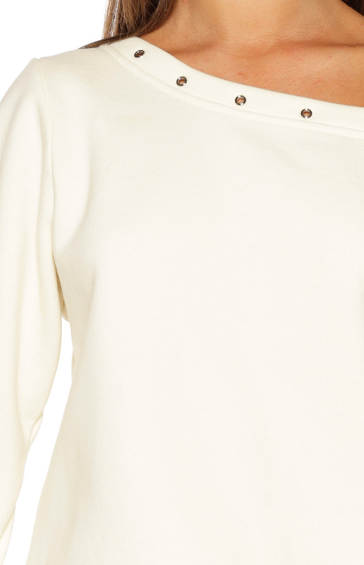 Bambi Cream Asymmetric Neckline Eyelet Sweater — 9