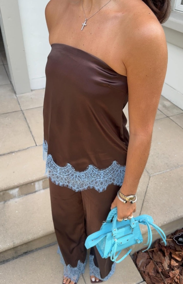 Shirley Brown Satin Lace Trim Strapless Top — 1