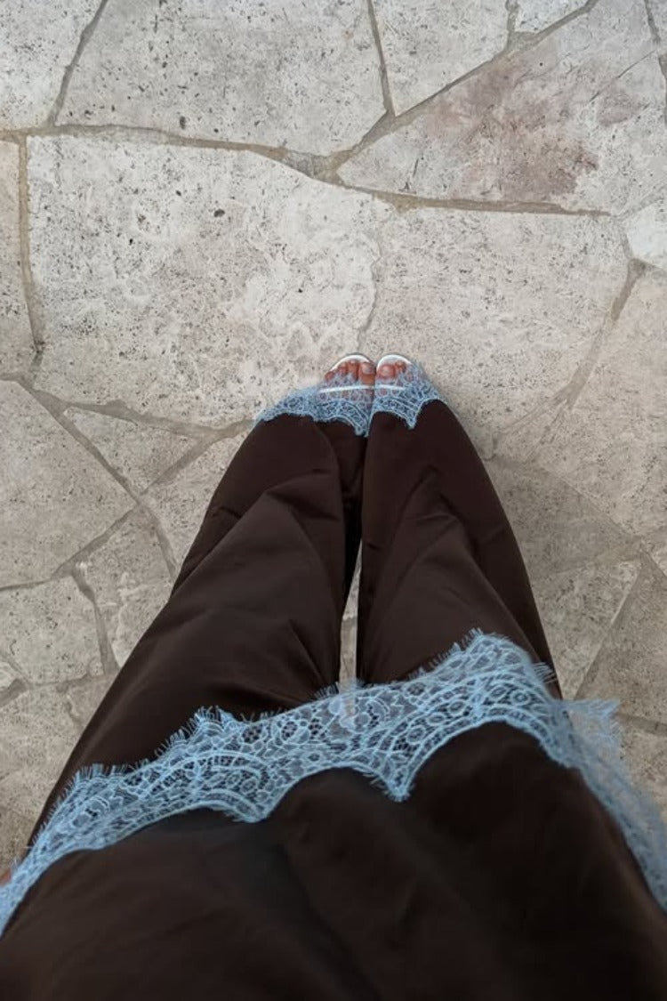 Shirley Lace Trim Brown Satin Pants — 1