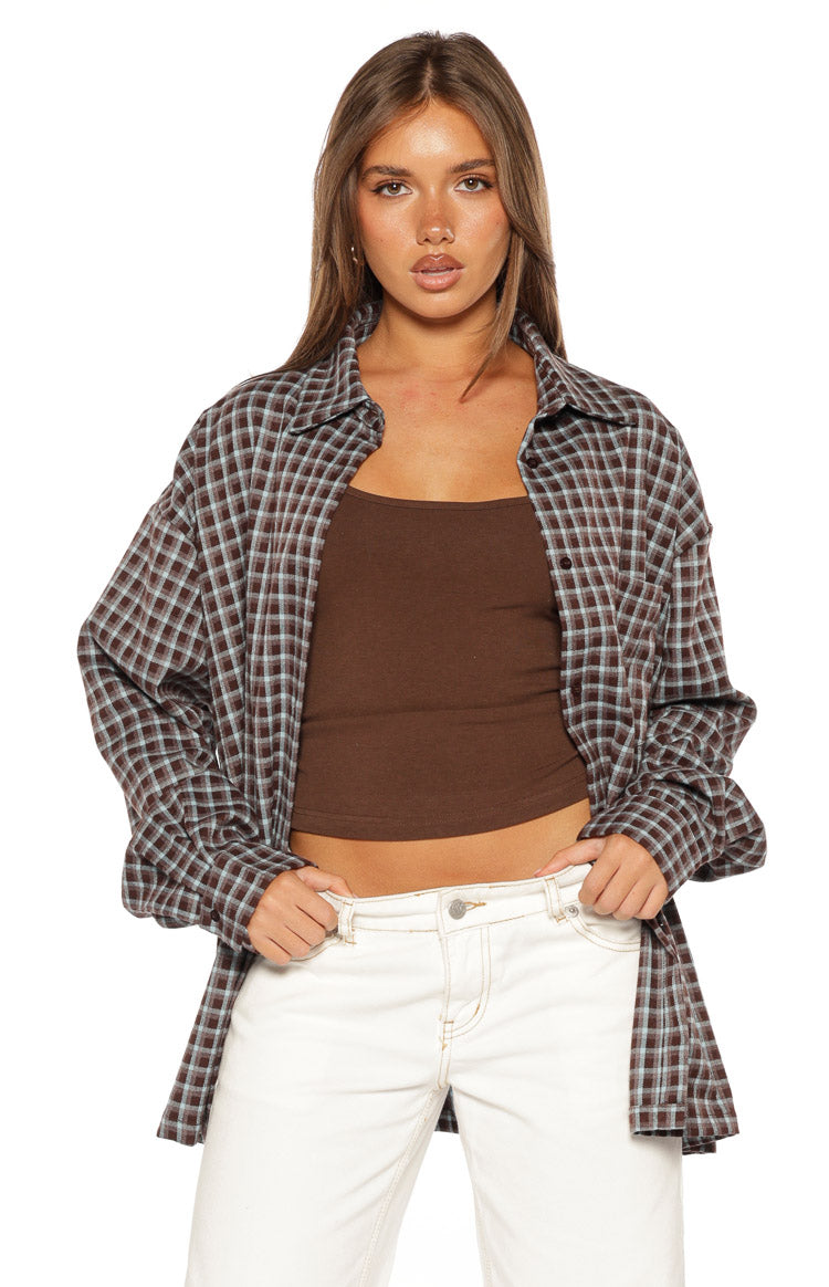 Devyn Brown Plaid Button Up Long Sleeve Shirt — 1