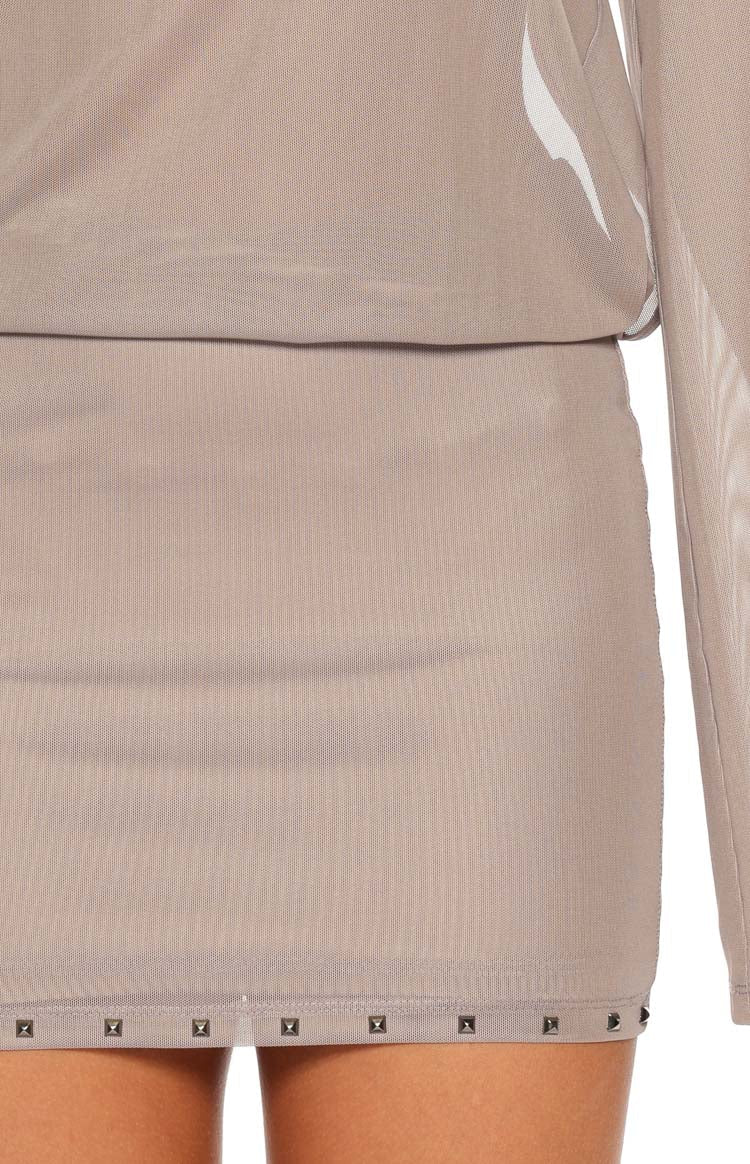 Obie Brown Sheer Mesh Stud Hem Mini Dress — 9