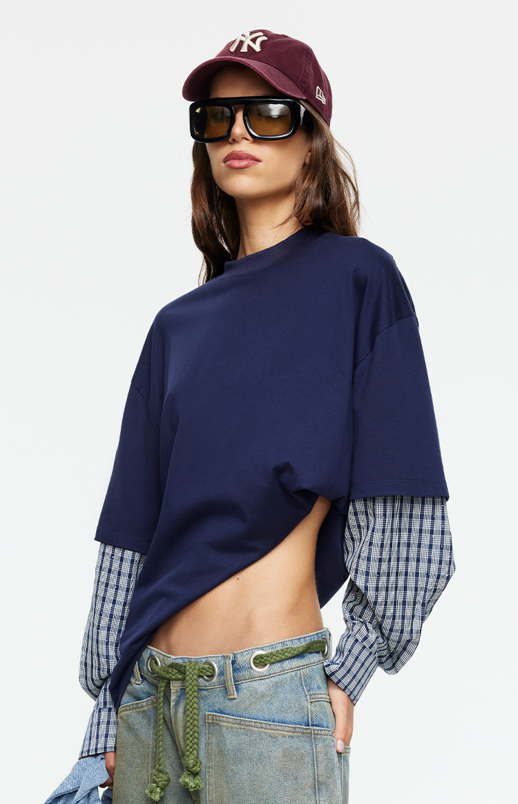 Lioness Bottega Navy Layered Contrast Sleeve Shirt — 1