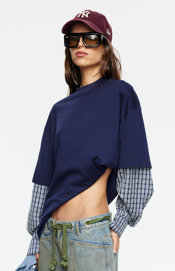 Lioness Bottega Navy Layered Contrast Sleeve Shirt — 1