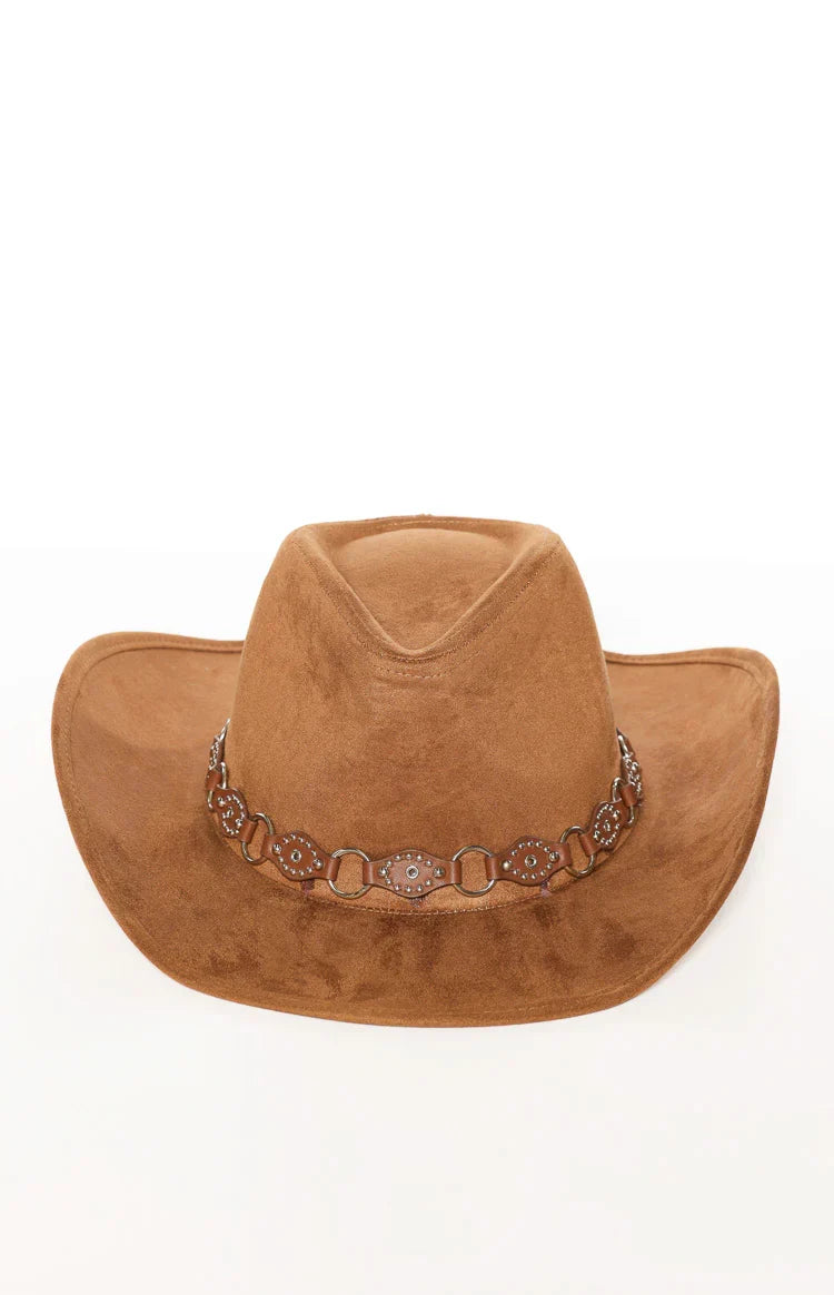 Lexi Tan Suedette PU Trim Western Hat — 2