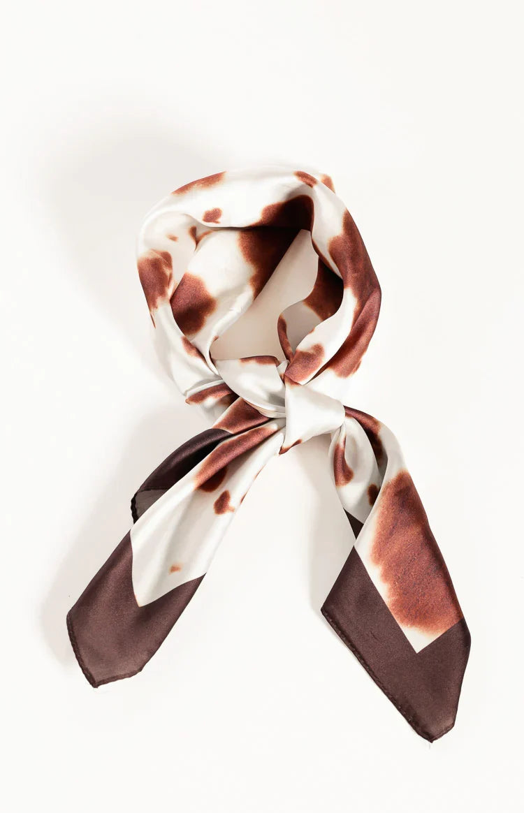 Roxy Brown Cow Print Multi Wear Satin Scarf — 1