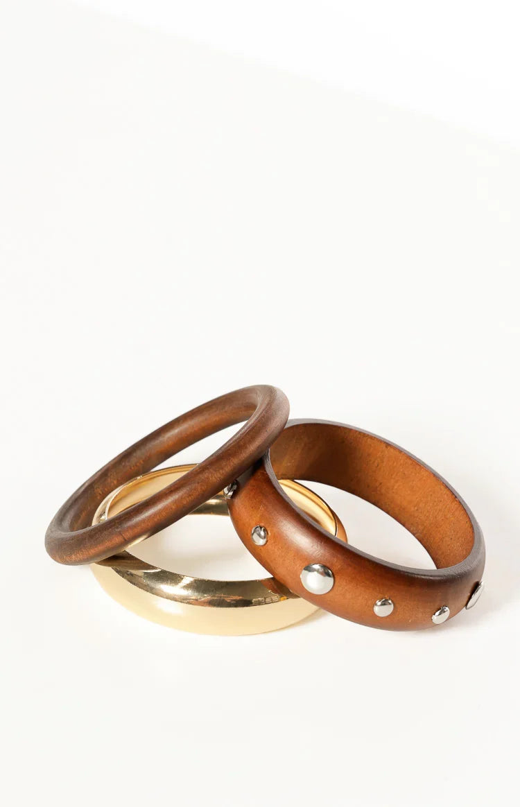 Fern 3 Pack Gold and Wood Bangle Set — 1