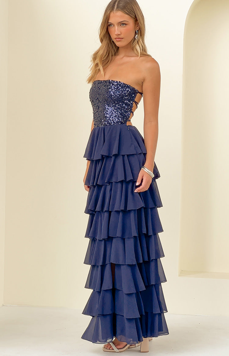 Kimberley Navy Sequin Strapless Ruffle Maxi Dress — 3