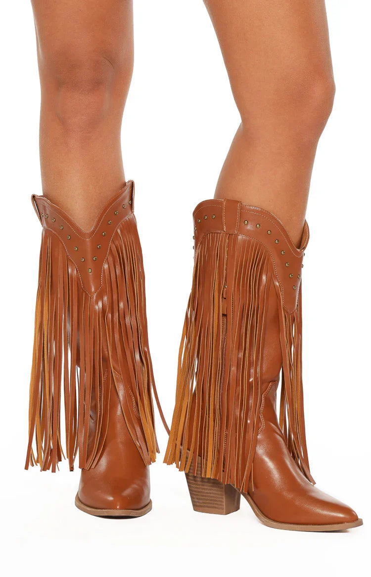 Meadow Tan Fringe Cowboy Boots — 6