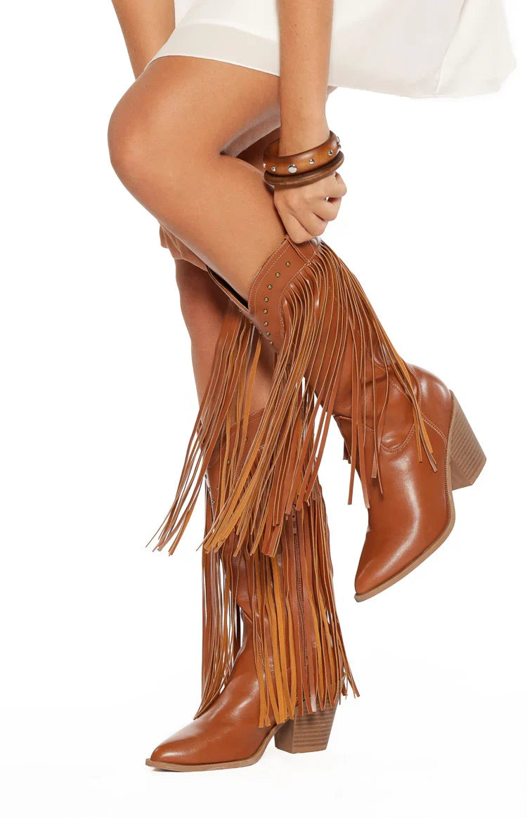 Meadow Tan Fringe Cowboy Boots — 7