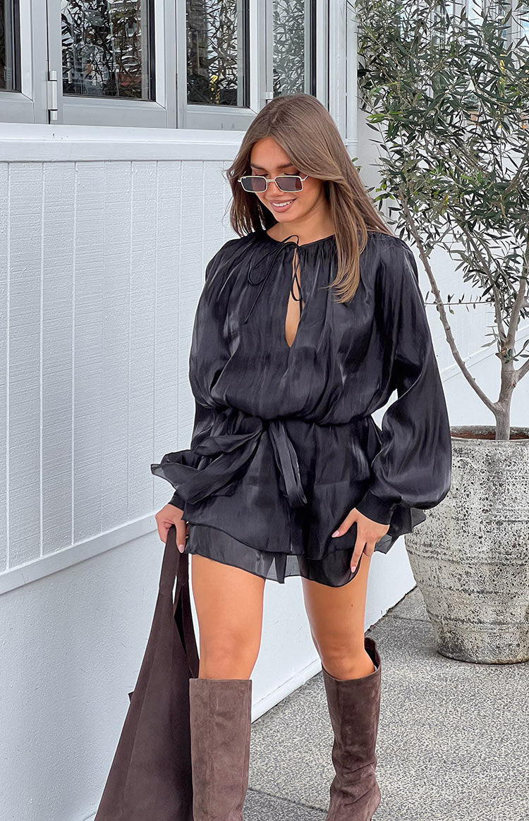 Quinton Black Satin Long Sleeve Tie Mini Dress — 6