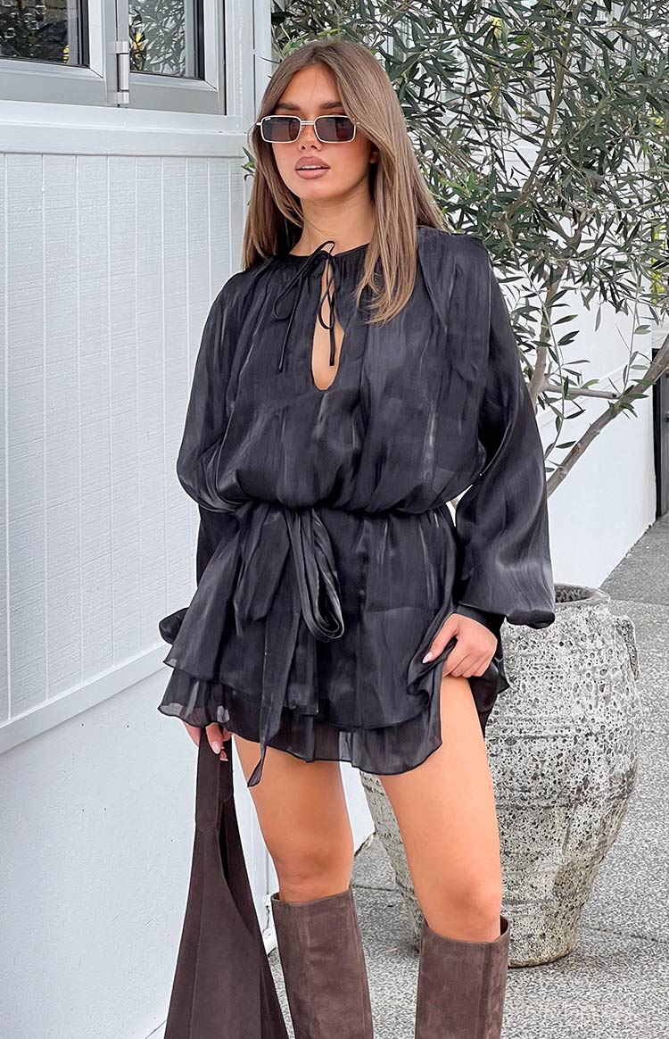 Quinton Black Satin Long Sleeve Tie Mini Dress — 7