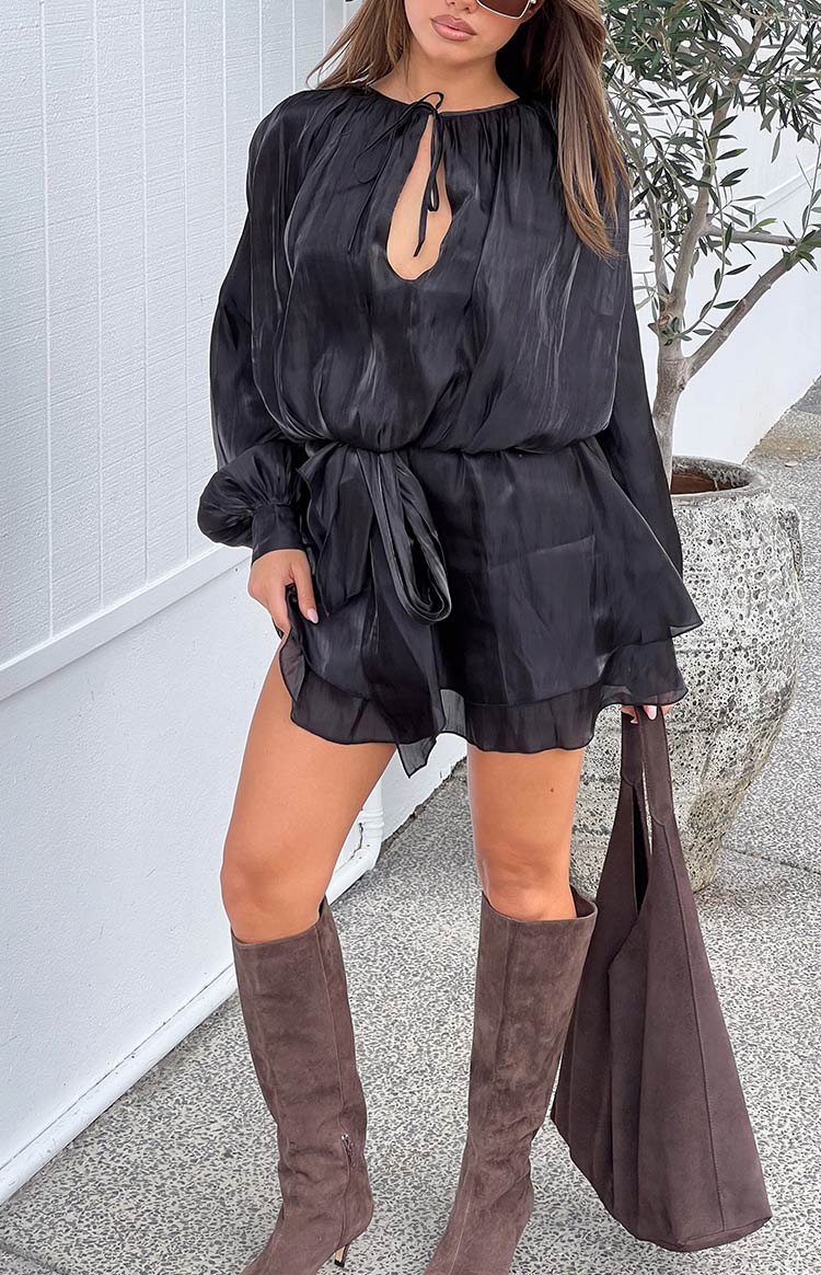 Quinton Black Satin Long Sleeve Tie Mini Dress — 9